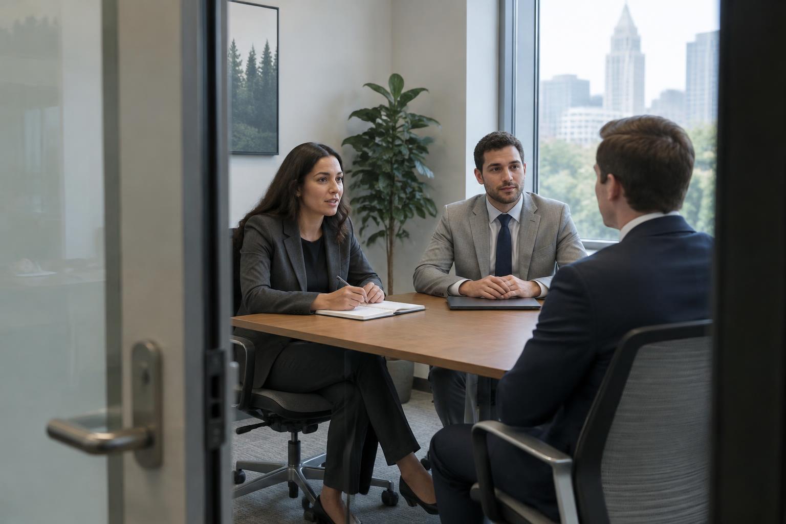 Two professionally dressed interviewers speaking with a candidate in a window-lit meeting room