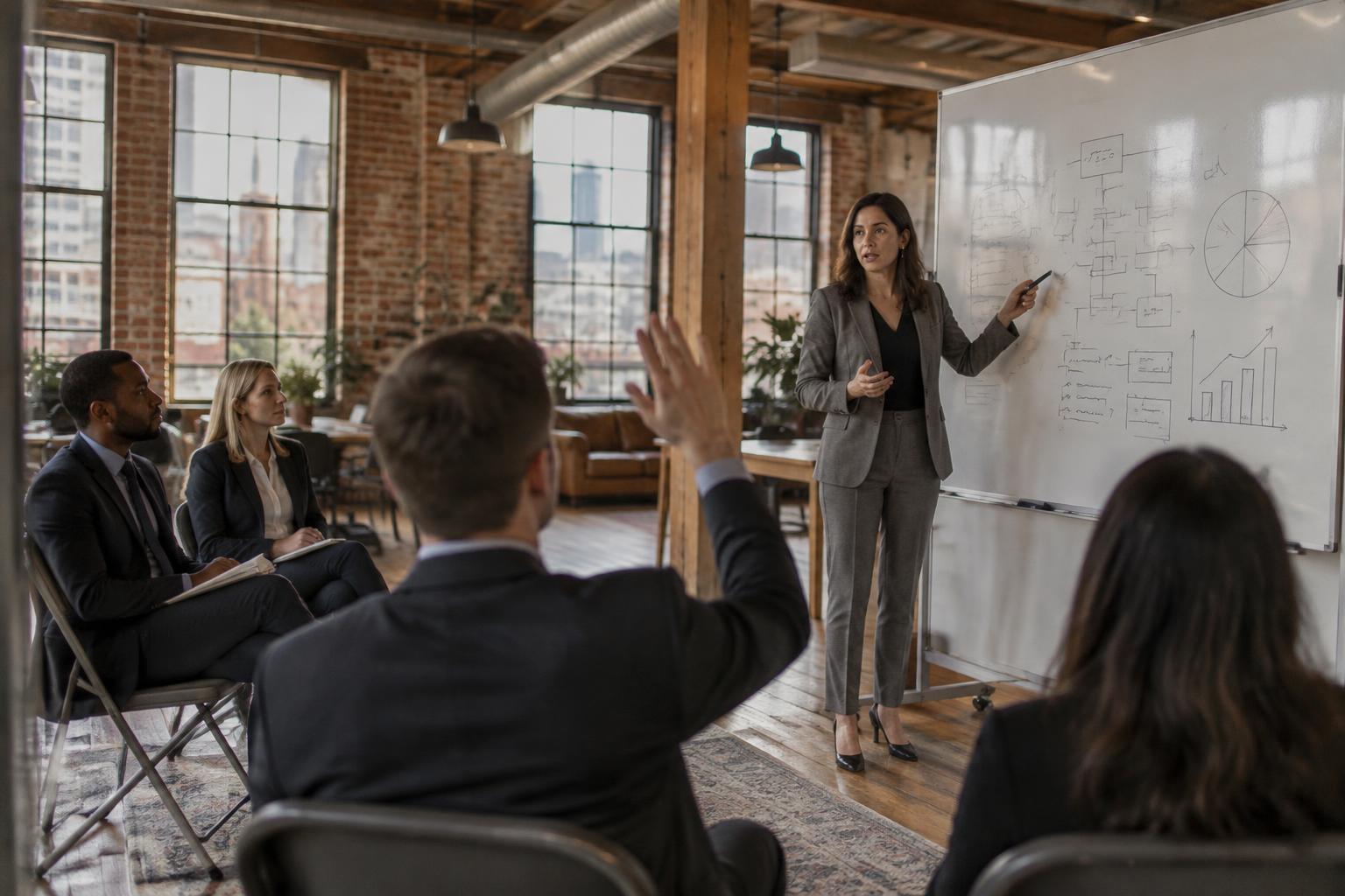 A coach in a business suit leading a whiteboard workshop with colleagues listening and taking notes