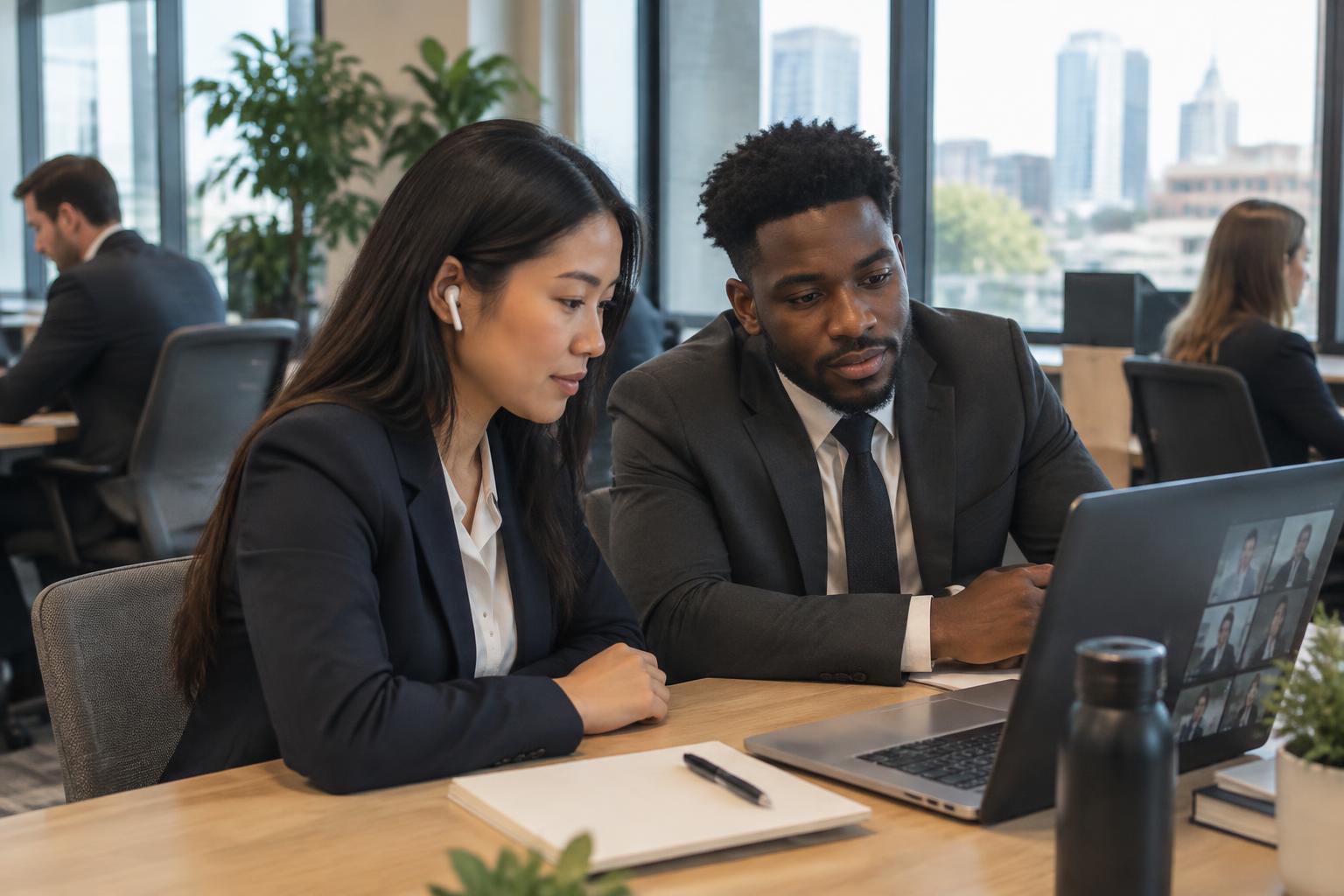 Two colleagues in business suits joining a laptop video call, with wireless earbuds and coworkers working behind them