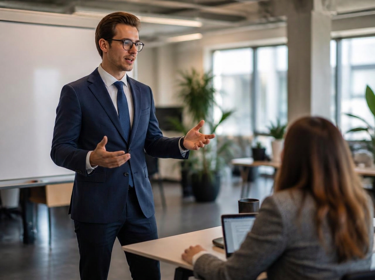 A representative practicing a pitch while a colleague gives feedback in the office