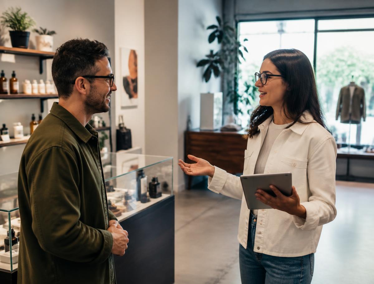 A Top Tier representative talking with a customer in a modern retail environment