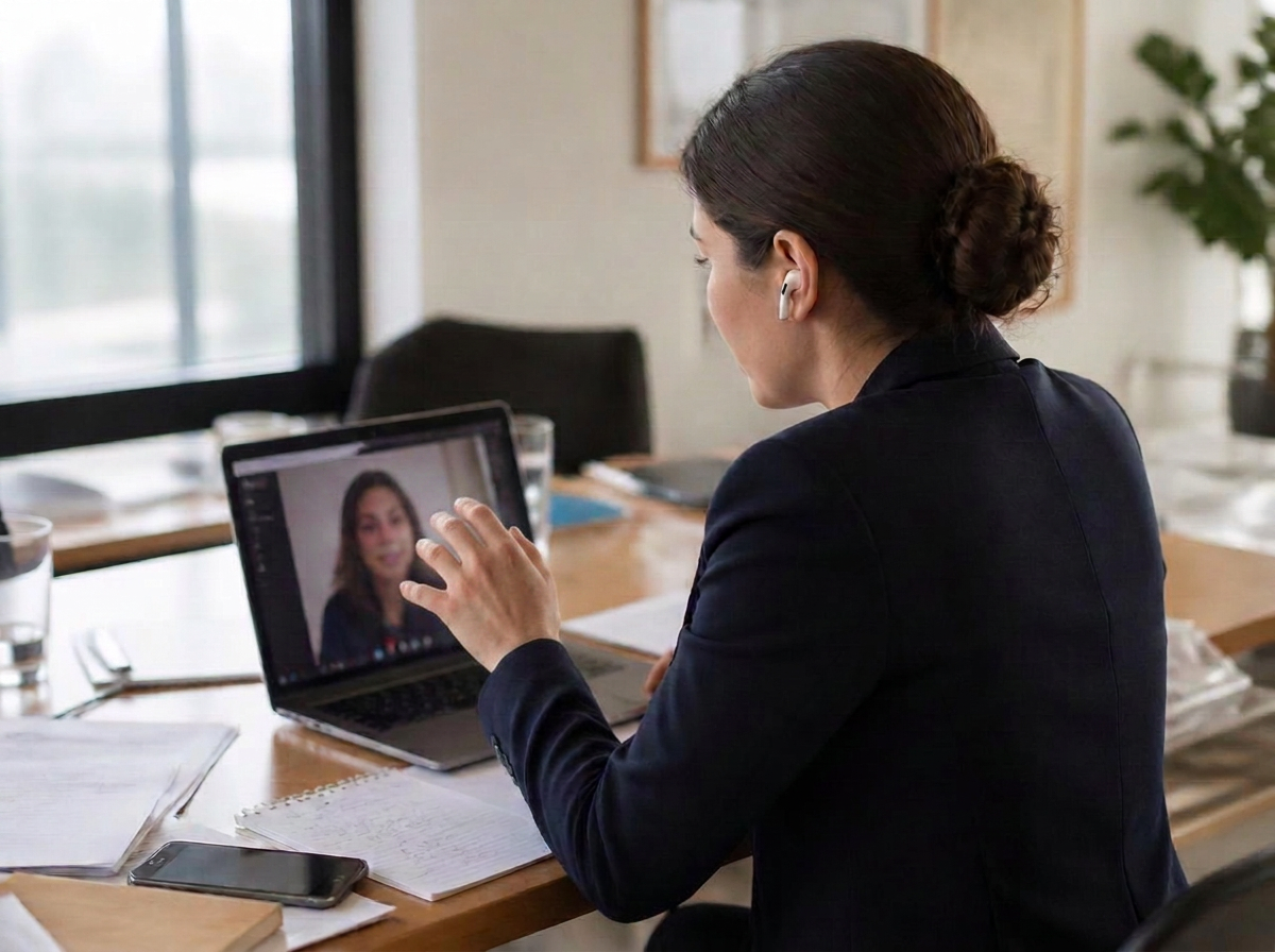 A Top Tier representative on a solo video call with a headset at her desk