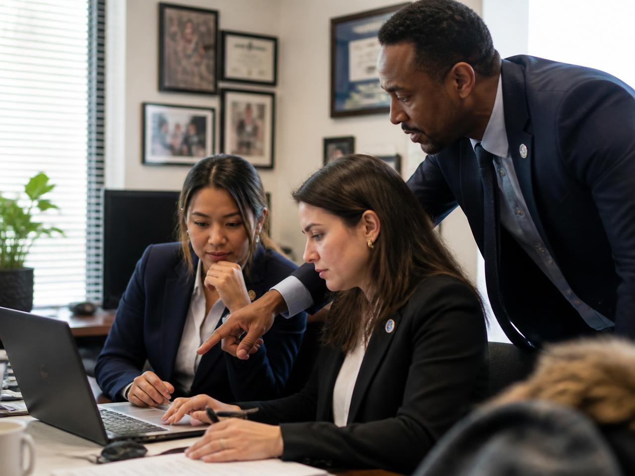 A Top Tier manager coaching two representatives over a laptop at a desk