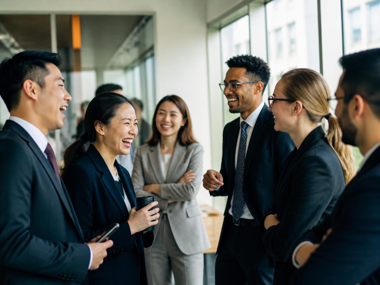 Top Tier team members in business suits laughing together near the office windows