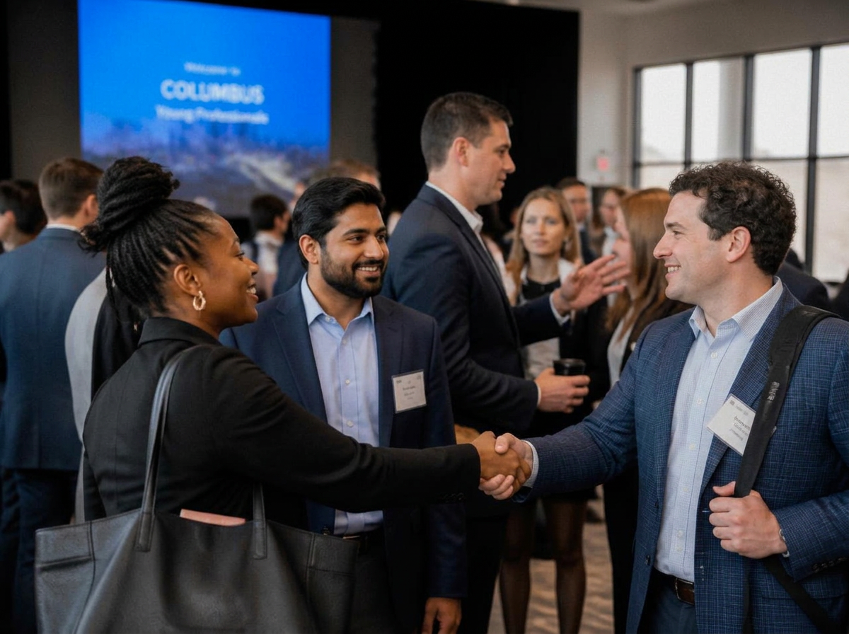 Top Tier team members networking with young professionals at a Columbus Ohio event, shaking hands and conversing