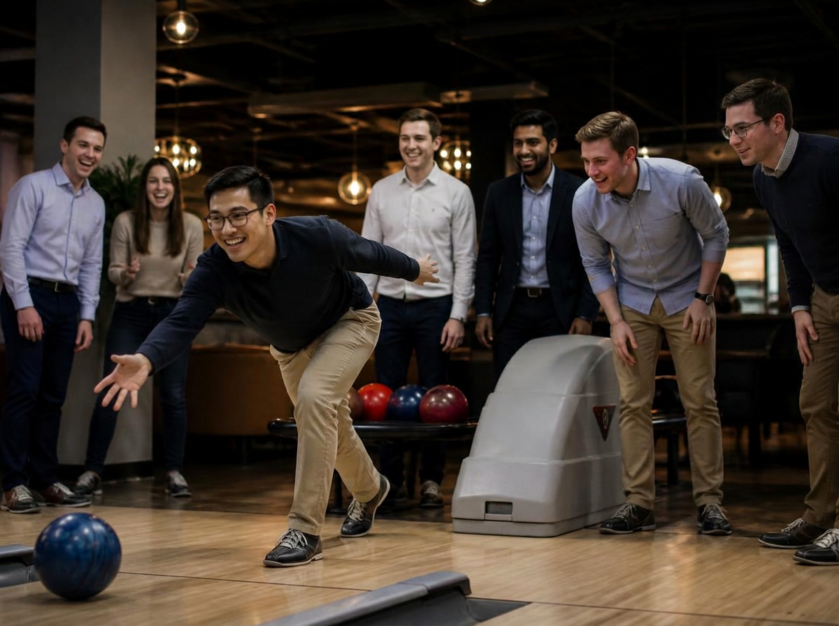 Top Tier team members cheering a colleague bowling during a team night out in Columbus, no alcohol