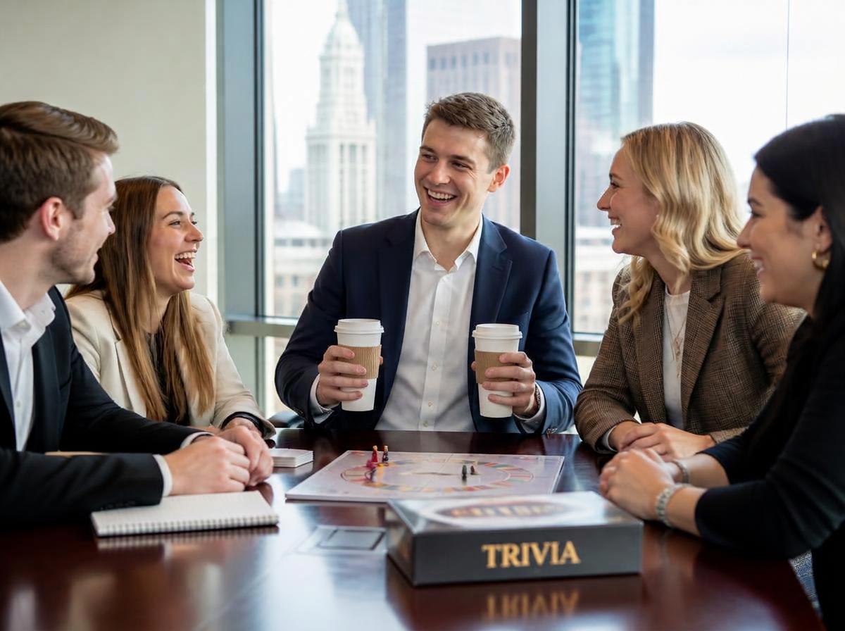 Top Tier team members laughing while playing a trivia game during an in-office team meeting