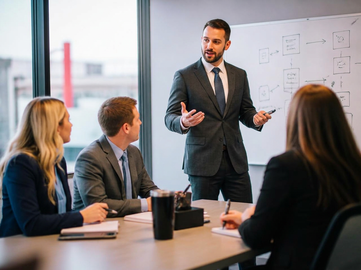 A Top Tier team lead coaching representatives around a whiteboard in the Columbus office